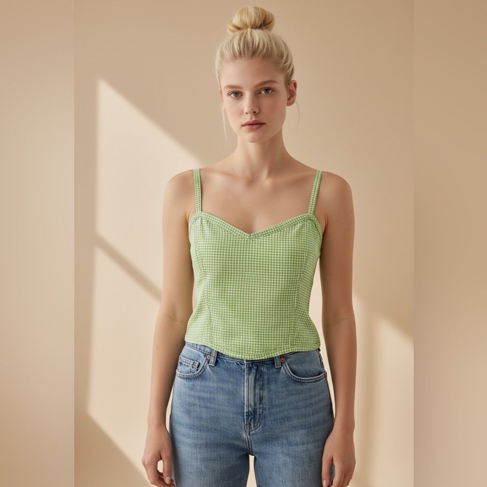 Vintage handmade Light Green Gingham Cami Corset style Top prairie cottagecore